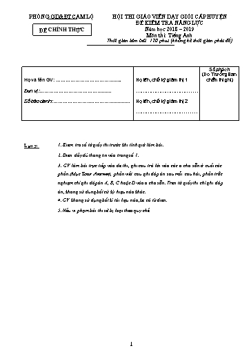 Đề thi giáo viên dạy giỏi cấp huyện môn Tiếng Anh - Năm học 2018-2019 - PGD&ĐT Cam Lộ (Có đáp án)