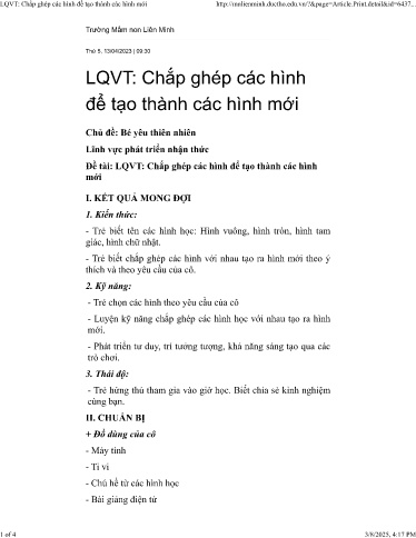 Giáo án Mầm non Lớp Lá - Chắp ghép các hình để tạo các hình mới - Trường mầm non Liên Minh