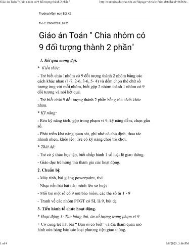 Giáo án Mầm non Lớp Lá - Chia nhóm có 9 đối tượng thành 2 phần - Trường Mầm non Bùi Xá