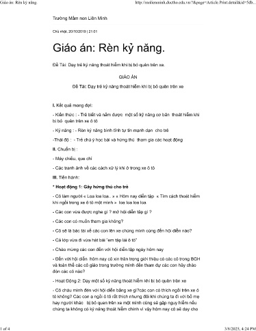 Giáo án Mầm non Lớp Lá - Dạy trẻ kĩ năng thoát hiểm khi bị bỏ quên trên xe - Trường mầm non Liên Minh
