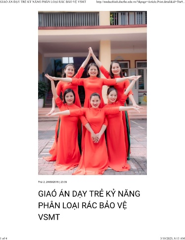 Giáo án Mầm non Lớp Lá - Đề tài: Dạy trẻ kỷ năng phân loại rác bảo vệ vệ sinh môi trường - Trường Mầm non Đức Thịnh