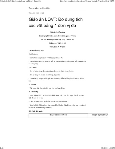 Giáo án Mầm non Lớp Lá - Đo dung tích các vật bằng 1 đơn vị đo - Năm học - Trường mầm non Liên Minh