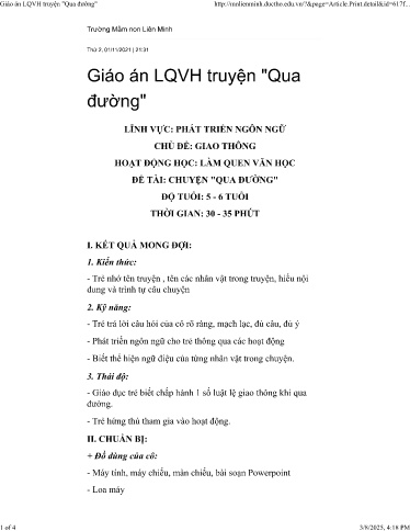 Giáo án Mầm non Lớp Lá - Hoạt động: Làm quen văn học - Trường Mầm non Liên Minh