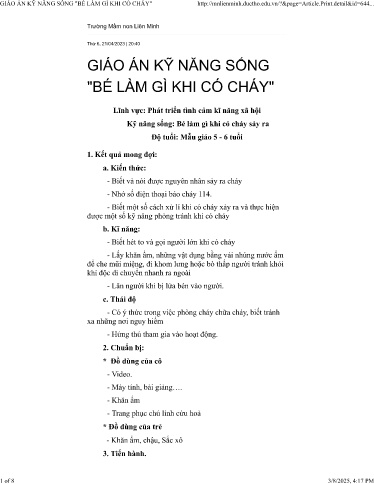 Giáo án Mầm non Lớp Lá - Kĩ năng sống: Bé làm gì khi có cháy - Trường Mầm non Liên Minh