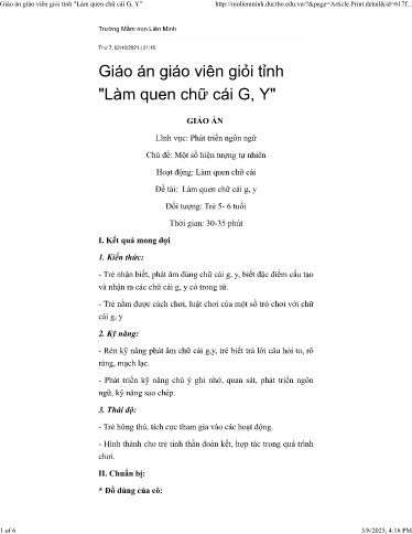 Giáo án Mầm non Lớp Lá - Làm quen chữ cái G, Y - Trường Mầm non Liên Minh