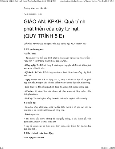 Giáo án Mầm non Lớp Lá - Quá trình phát triển của cây từ hạt - Trường mầm non Liên Minh