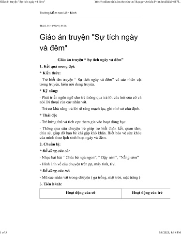 Giáo án Mầm non Lớp Lá - Truyện: Sự tích ngày và đêm - Trường mầm non Liên Minh