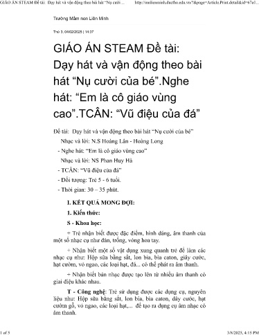 Giáo án Steam Mầm non Lớp Lá - Dạy hát và vận động theo bài hát Nụ cười của bé - Trường mầm non Liên Minh