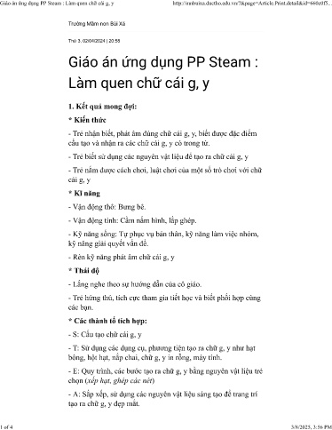 Giáo án Steam Mầm non Lớp Lá - Làm quen chữ cái g, y - Năm học - Trường mầm non Bùi Xá