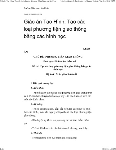 Giáo án Steam Mầm non Lớp Lá - Tạo hình: Tạo các loại phương tiện giao thông bằng các hình học - Trường mầm non Liên Minh