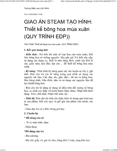 Giáo án Steam Mầm non Lớp Lá - Tạo hình: Thiết kế bông hoa mùa Xuân - Trường mầm non Liên Minh