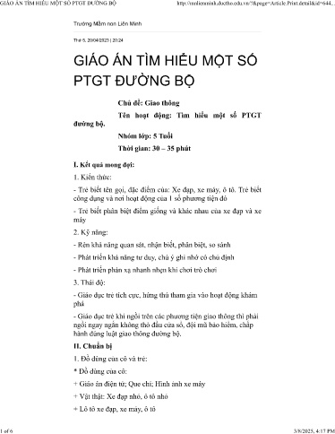 Giáo án Steam Mầm non Lớp Lá - Tìm hiểu một số phương tiện giao thông đường bộ - Trường mầm non Liên Minh
