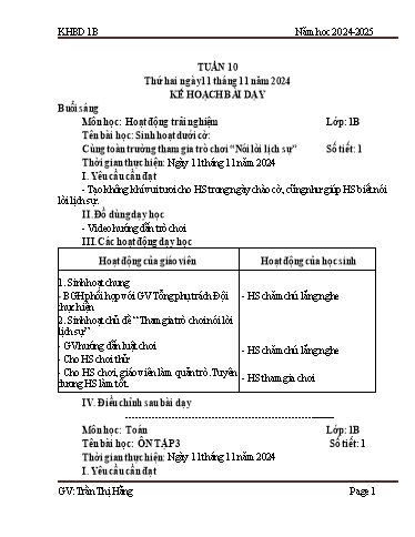 Kế hoạch bài dạy Tiếng Việt + Toán 1 - Tuần 10 - Năm học 2024-2025 - Trần Thị Hằng