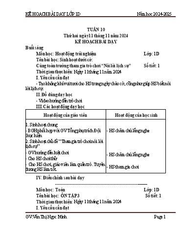 Kế hoạch bài dạy Tiếng Việt + Toán 1 - Tuần 10 - Năm học 2024-2025 - Văn Thị Ngọc Minh