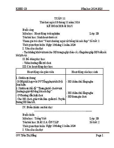Kế hoạch bài dạy Tiếng Việt + Toán 1 - Tuần 11 - Năm học 2024-2025 - Trần Thị Hằng