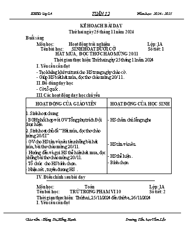 Kế hoạch bài dạy Tiếng Việt + Toán 1 - Tuần 12 - Năm học 2024-2025 - Đặng Thị Hồng Hạnh