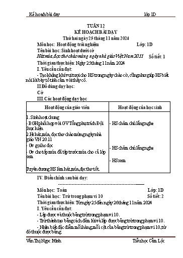 Kế hoạch bài dạy Tiếng Việt + Toán 1 - Tuần 12 - Năm học 2024-2025 - Văn Thị Ngọc Minh