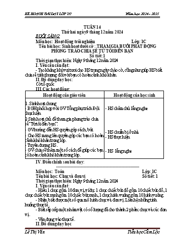 Kế hoạch bài dạy Tiếng Việt + Toán 1 - Tuần 14 - Năm học 2024-2025 - Lê Thị Văn