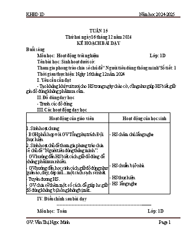 Kế hoạch bài dạy Tiếng Việt + Toán 1 - Tuần 15 - Năm học 2024-2025 - Văn Thị Ngọc Minh