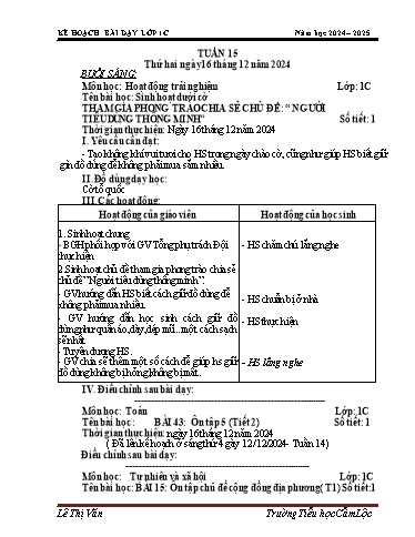 Kế hoạch bài dạy Tiếng Việt + Toán 1 - Tuần 15 - Năm học 2024-2025 - Lê Thị Văn
