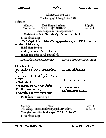 Kế hoạch bài dạy Tiếng Việt + Toán 1 - Tuần 19 - Năm học 2024-2025 - Đặng Thị Hồng Hạnh
