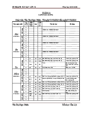 Kế hoạch bài dạy Tiếng Việt + Toán 1 - Tuần 21 - Năm học 2024-2025 - Vũ Thị Ngọc Minh