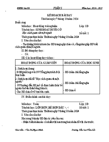 Kế hoạch bài dạy Tiếng Việt + Toán 1 - Tuần 5 - Năm học 2024-2025 - Văn Thị Ngọc Minh