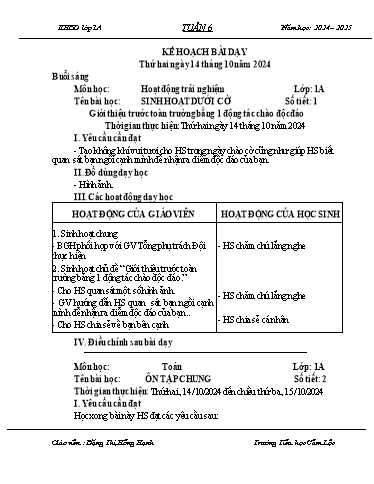 Kế hoạch bài dạy Tiếng Việt + Toán 1 - Tuần 6 - Năm học 2024-2025 - Đặng Thị Hồng Hạnh