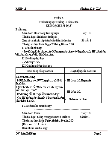 Kế hoạch bài dạy Tiếng Việt + Toán 1 - Tuần 8 - Năm học 2024-2025 - Trần Thị Hằng