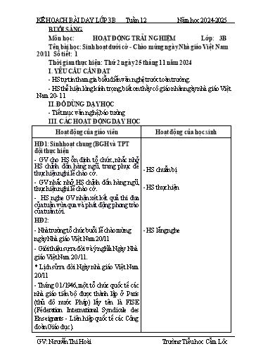 Kế hoạch bài dạy Tiếng Việt + Toán 3 - Tuần 12 - Năm học 2024-2025 - Nguyễn Thị Hoài