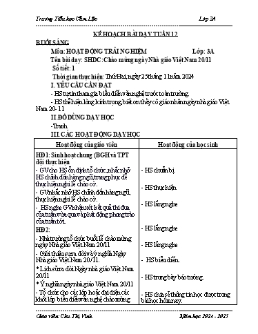Kế hoạch bài dạy Tiếng Việt + Toán 3 - Tuần 12 - Năm học 2024-2025 - Chu Thị Vinh