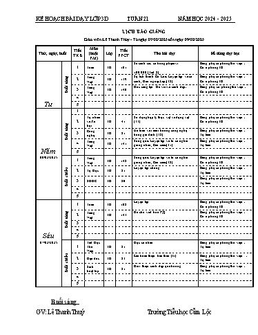 Kế hoạch bài dạy Tiếng Việt + Toán 3 - Tuần 21 - Năm học 2024-2025 - Lê Thanh Thúy