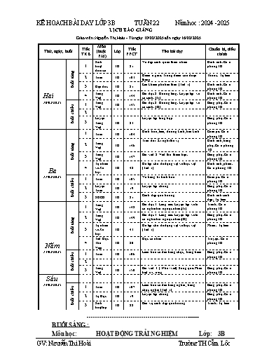 Kế hoạch bài dạy Tiếng Việt + Toán 3 - Tuần 22 - Năm học 2024-2025 - Nguyễn Thị Hoài