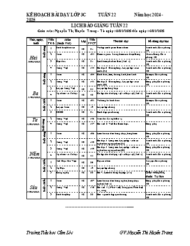 Kế hoạch bài dạy Tiếng Việt + Toán 3 - Tuần 22 - Năm học 2024-2025 - Nguyễn Thị Huyền Trang