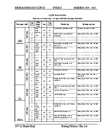 Kế hoạch bài dạy Tiếng Việt + Toán 3 - Tuần 22 - Năm học 2024-2025 - Lê Thanh Thúy
