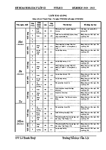 Kế hoạch bài dạy Tiếng Việt + Toán 3 - Tuần 23 - Năm học 2024-2025 - Lê Thanh Thúy