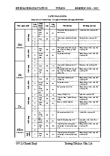 Kế hoạch bài dạy Tiếng Việt + Toán 3 - Tuần 24 - Năm học 2024-2025 - Lê Thanh Thúy