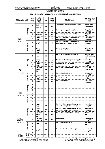 Kế hoạch bài dạy Tiếng Việt + Toán 3 - Tuần 25 - Năm học 2024-2025 - Nguyễn Thị Hoài