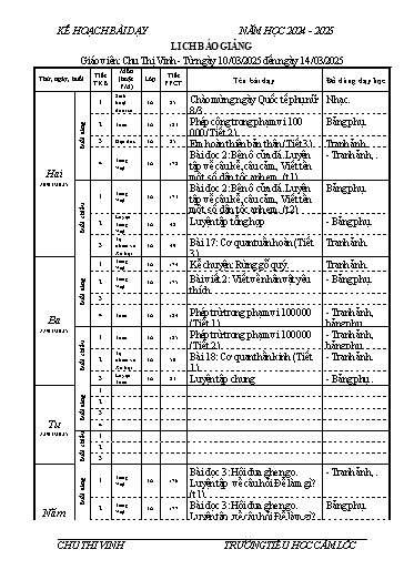Kế hoạch bài dạy Tiếng Việt + Toán 3 - Tuần 26 - Năm học 2024-2025 - Chu Thị Vinh