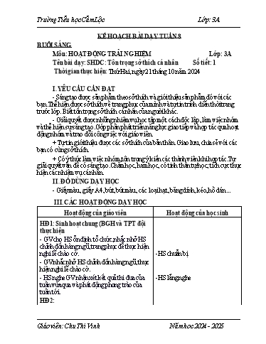 Kế hoạch bài dạy Tiếng Việt + Toán 3 - Tuần 8 - Năm học 2024-2025 - Chu Thị Vinh