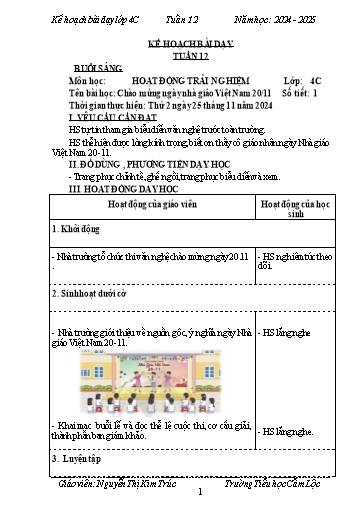 Kế hoạch bài dạy Tiếng Việt + Toán 4 - Tuần 12 - Năm học 2024-2025 - Nguyễn Thị Kim Cúc
