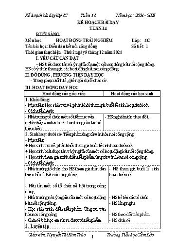 Kế hoạch bài dạy Tiếng Việt + Toán 4 - Tuần 14 - Năm học 2024-2025 - Nguyễn Thị Kim Cúc