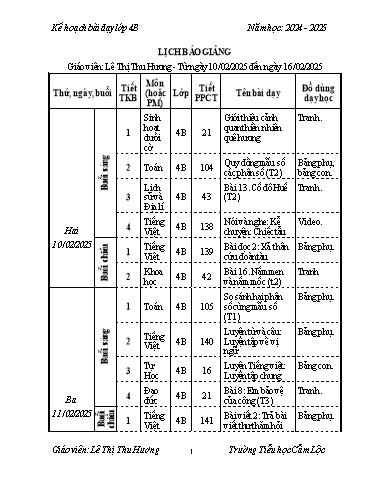 Kế hoạch bài dạy Tiếng Việt + Toán 4 - Tuần 22 - Năm học 2024-2025 - Lê Thị Thu Hương