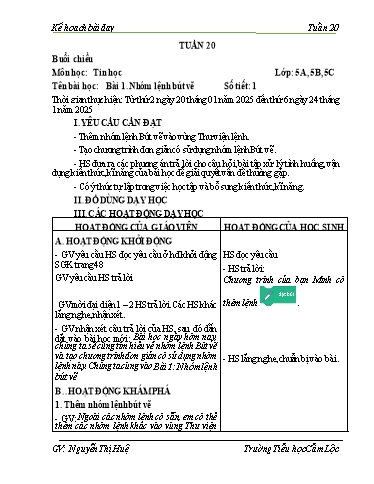 Kế hoạch bài dạy Tin học 3-5 + Công nghệ 3 - Tuần 20 - Năm học 2024-2025 - Nguyễn Thị Huệ