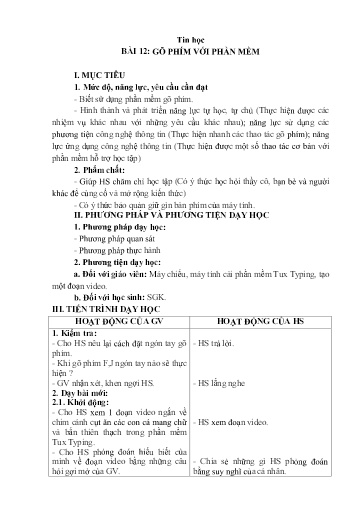 Kế hoạch bài dạy Tin học 3 - Bài 12: Gõ phím với phần mềm - Trường Tiểu học Thị trấn Một Ngàn A