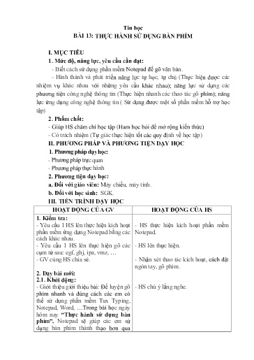 Kế hoạch bài dạy Tin học 3 - Bài 13: Thực hành sử dụng bàn phím - Trường Tiểu học Thị trấn Một Ngàn A