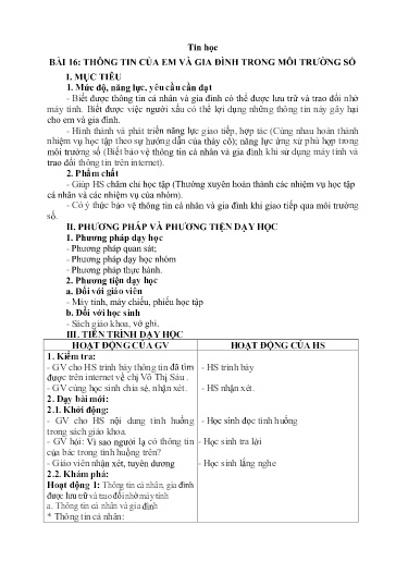 Kế hoạch bài dạy Tin học 3 - Bài 16: Thông tin của em và gia đình trong môi trường số - Trường Tiểu học Thị trấn Một Ngàn A
