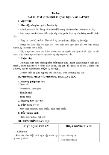Kế hoạch bài dạy Tin học 3 - Bài 18: Tìm kiếm đối tượng dựa vào sắp xếp - Trường Tiểu học Thị trấn Một Ngàn A