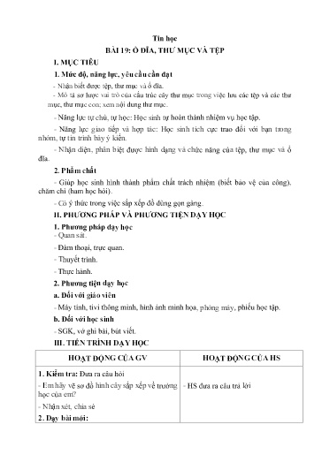 Kế hoạch bài dạy Tin học 3 - Bài 19: Ổ đĩa, thư mục và tệp - Trường Tiểu học Thị trấn Một Ngàn A