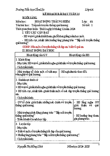 Kế hoạch bài dạy Toán + Tiếng Việt 4 - Tuần 15 - Năm học 2024-2025 - Nguyễn Thị Hồng Lĩnh